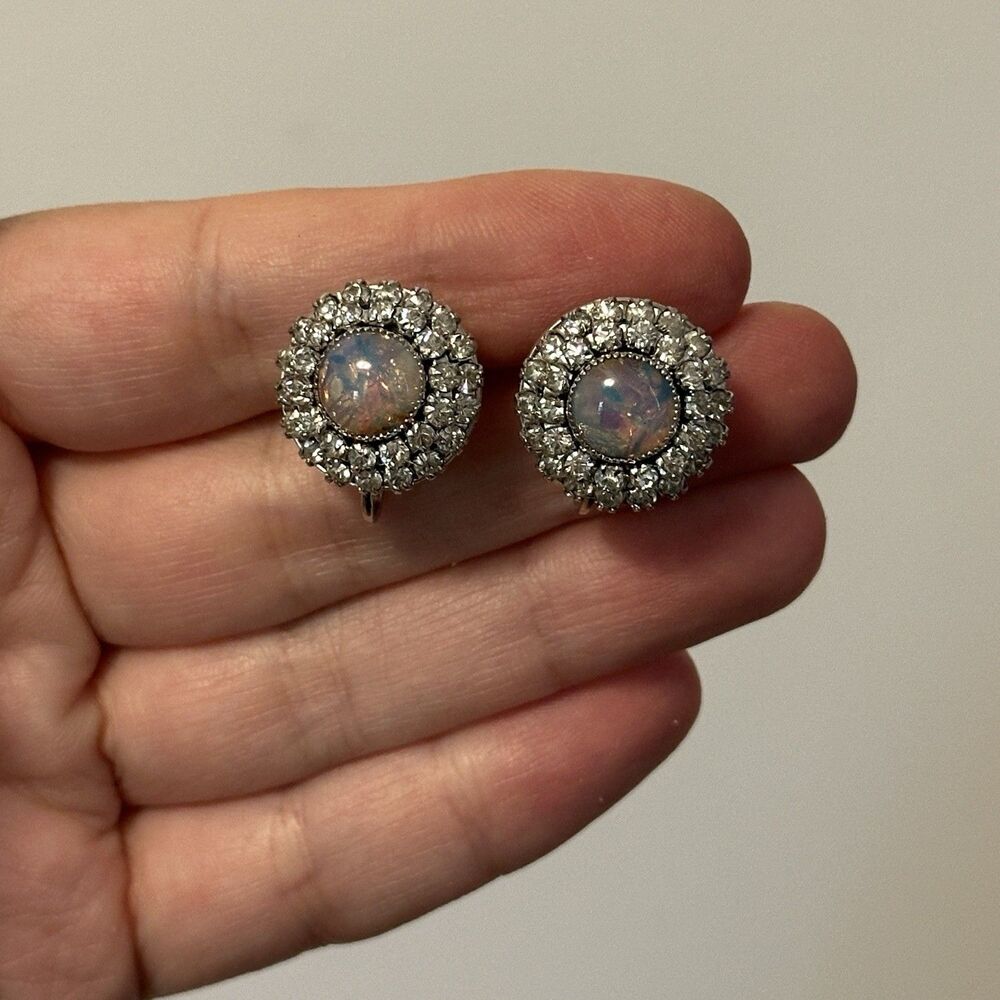 Vtg Sterling Silver Opal CZ Halo Screw Back Earrings Estate Maximalist Costume